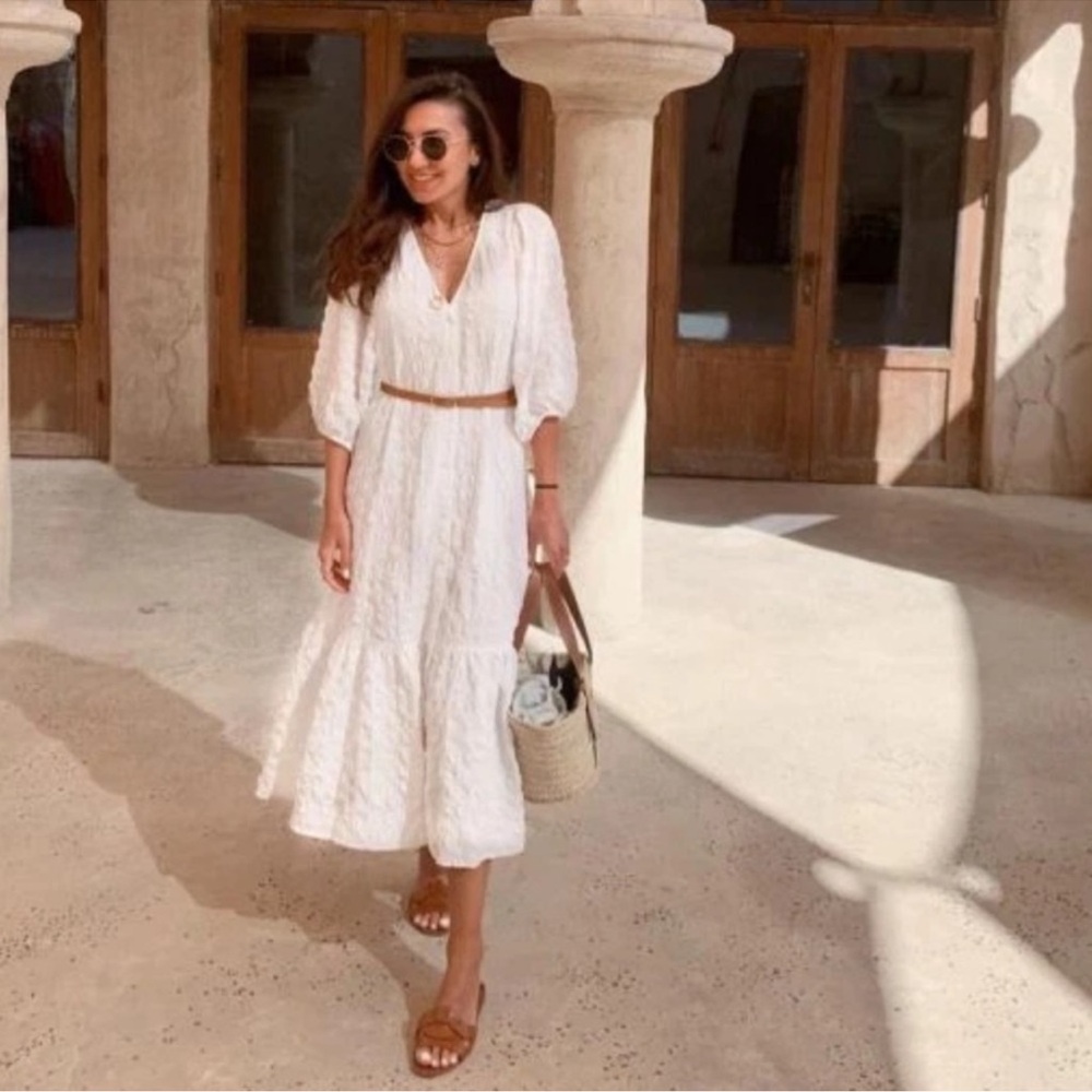 Zara White/Cream Puff Sleeves Textured Midi Dress Size S - Picture 5 of 8